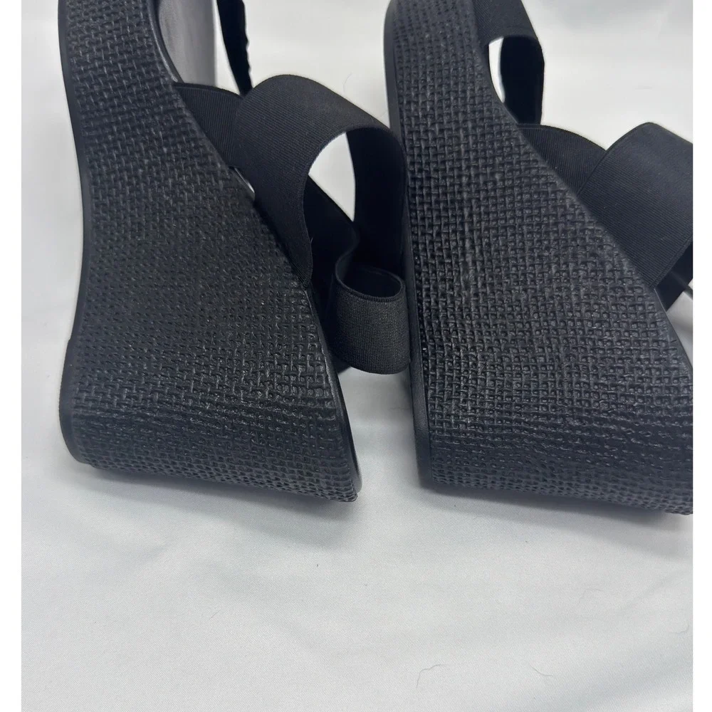 Womens Black Elastic Platform Strappy Wedge Sandals Size 9.5 Made in Italy